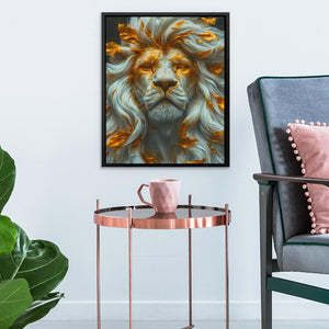 a picture of a lion on a wall above a table