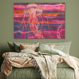 a painting of a jellyfish hangs above a bed