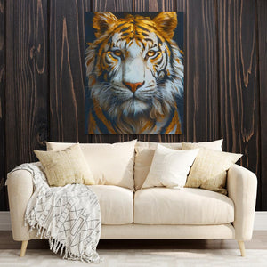 a living room with a couch and a painting of a tiger