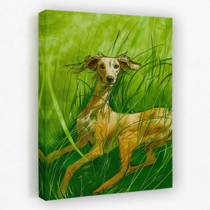 a painting of a dog running through tall grass