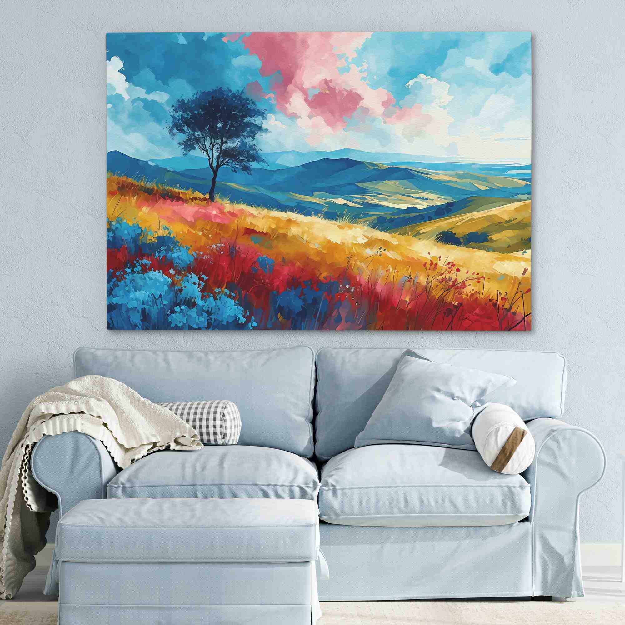 a painting of a field with a tree on it