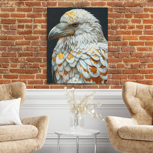 a painting of a white and orange bird on a brick wall