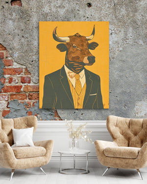 a painting of a bull wearing a suit and tie