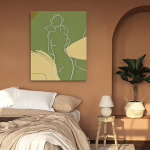 a bedroom with a bed and a painting on the wall