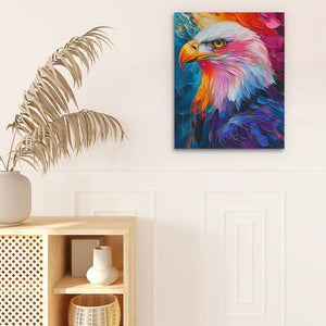 a painting of a colorful eagle on a white wall