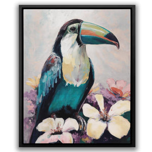 a painting of a toucan with flowers in the background