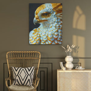 a painting of a bird on a wall next to a chair