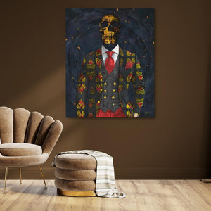 a painting of a skeleton wearing a suit and tie