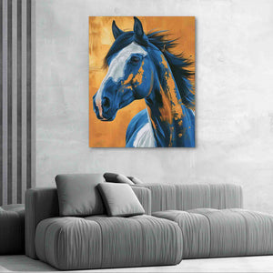 a painting of a horse on a wall above a couch