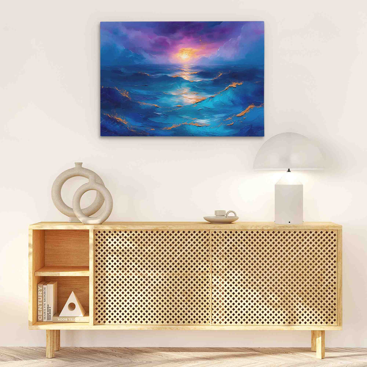 a painting on a wall above a wooden cabinet