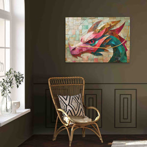 a painting of a dragon on a wall above a chair