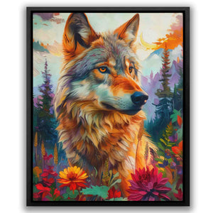a painting of a wolf in a field of flowers