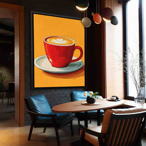 a painting of a cup of coffee on a yellow background