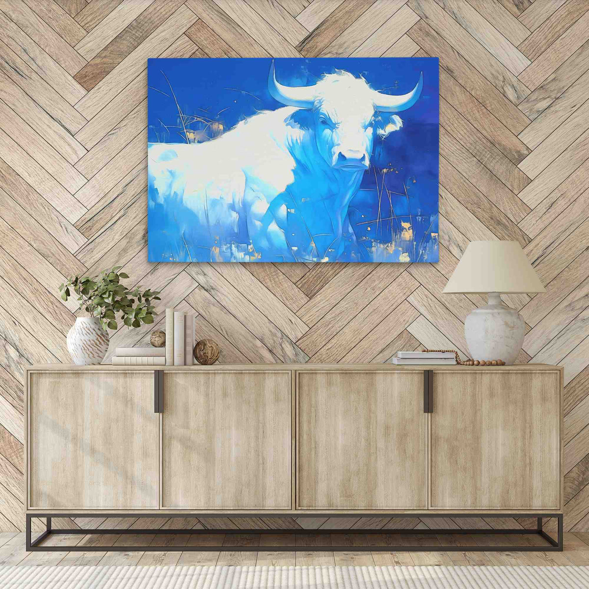 a painting of a bull on a wooden wall