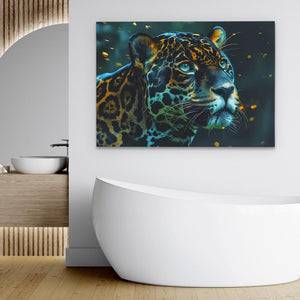 a painting of a leopard on a wall above a bathtub