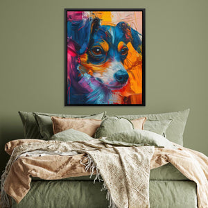 a painting of a dog on a green wall above a bed