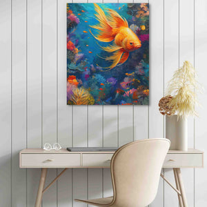 a painting of a goldfish on a wall above a desk
