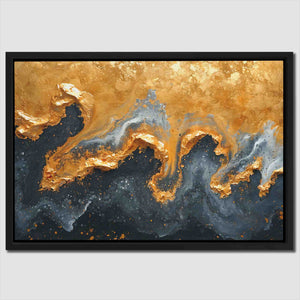 an abstract painting with gold and black paint
