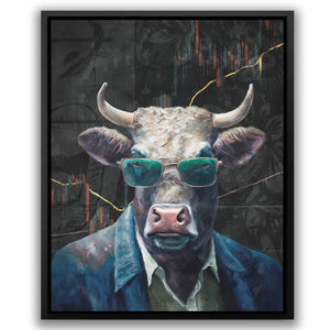 a painting of a bull wearing sunglasses and a suit