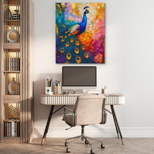 a painting of a peacock on a wall above a desk