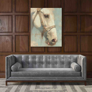 a painting of a white horse on a wall