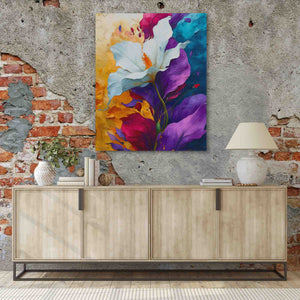 a painting hanging on a wall next to a sideboard