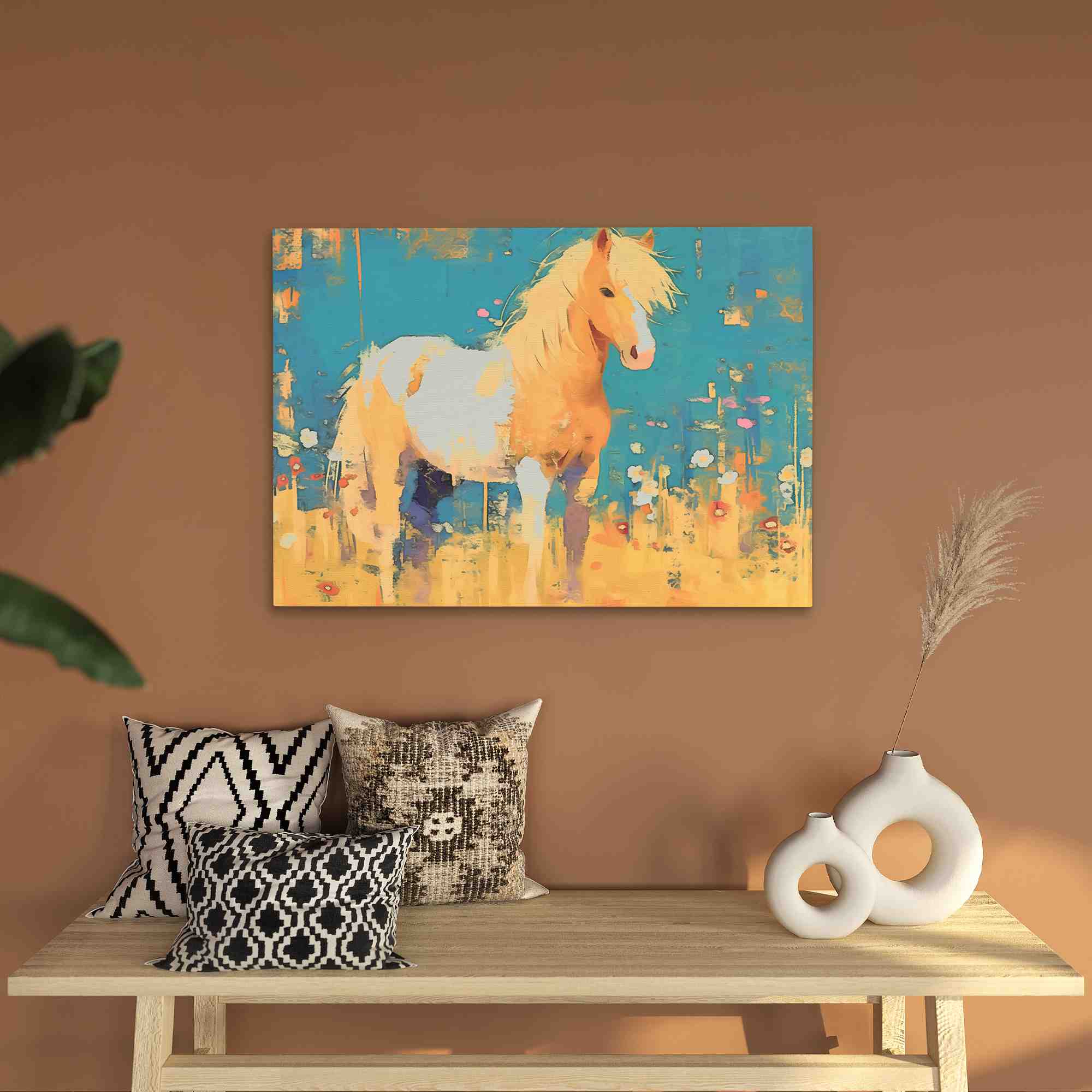 a painting of a white horse on a blue background