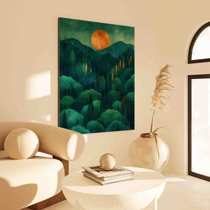 a living room with a painting on the wall