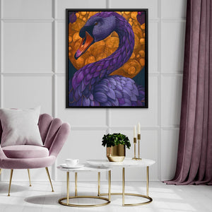 a living room with a purple chair and a painting on the wall