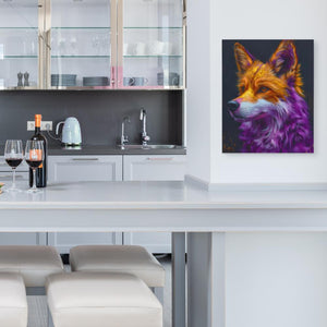 a painting of a fox on the wall of a kitchen