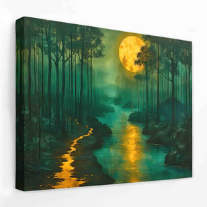 a painting of a river running through a forest