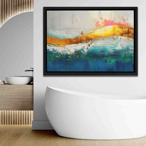 a bathroom with a tub and a painting on the wall