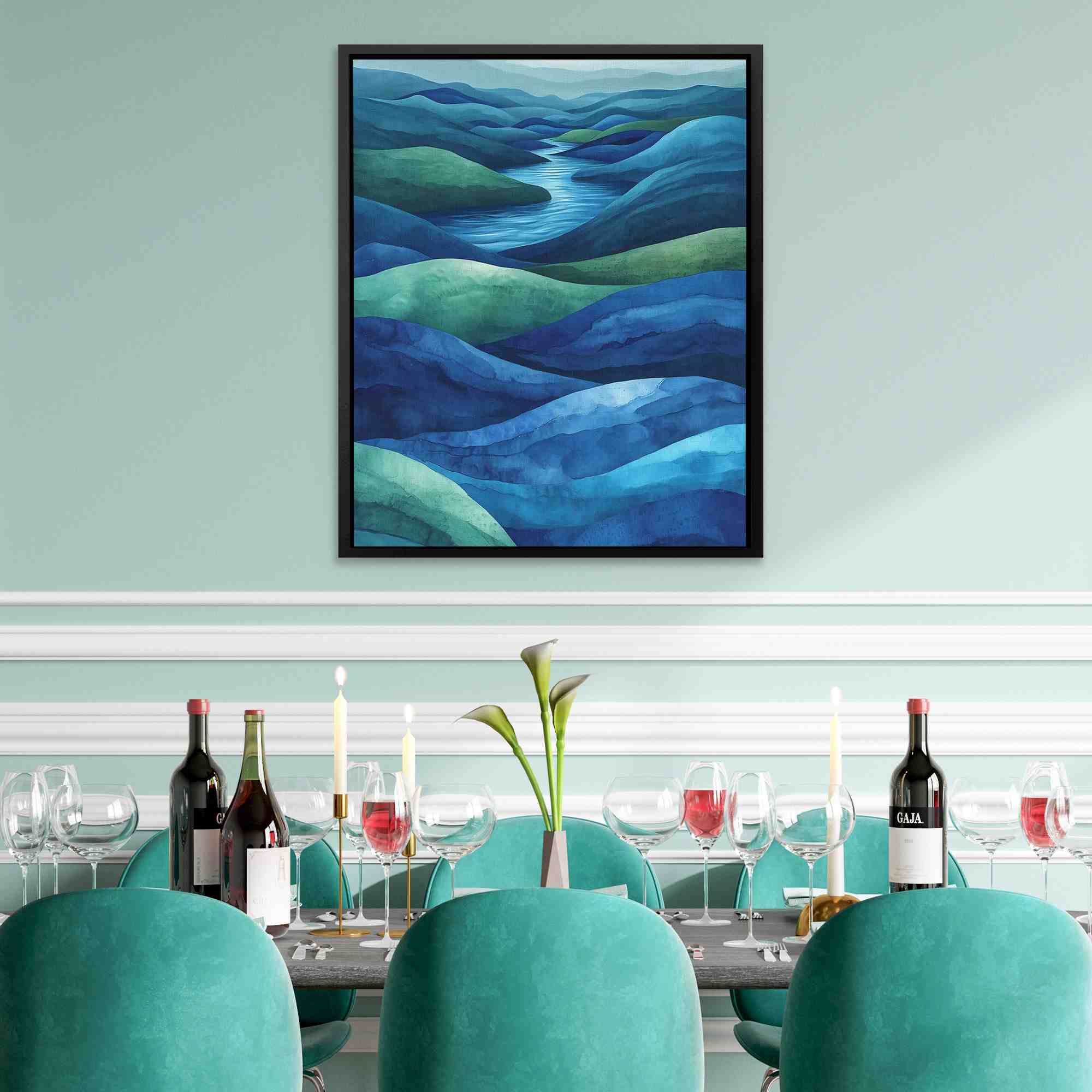a painting of a river flowing through a valley