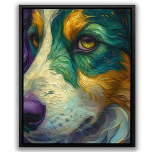 a painting of a dog with yellow eyes