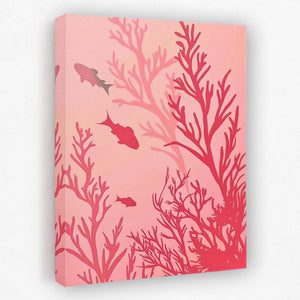 a painting of corals and fish on a pink background