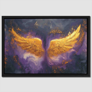 a painting of a golden wing on a purple background