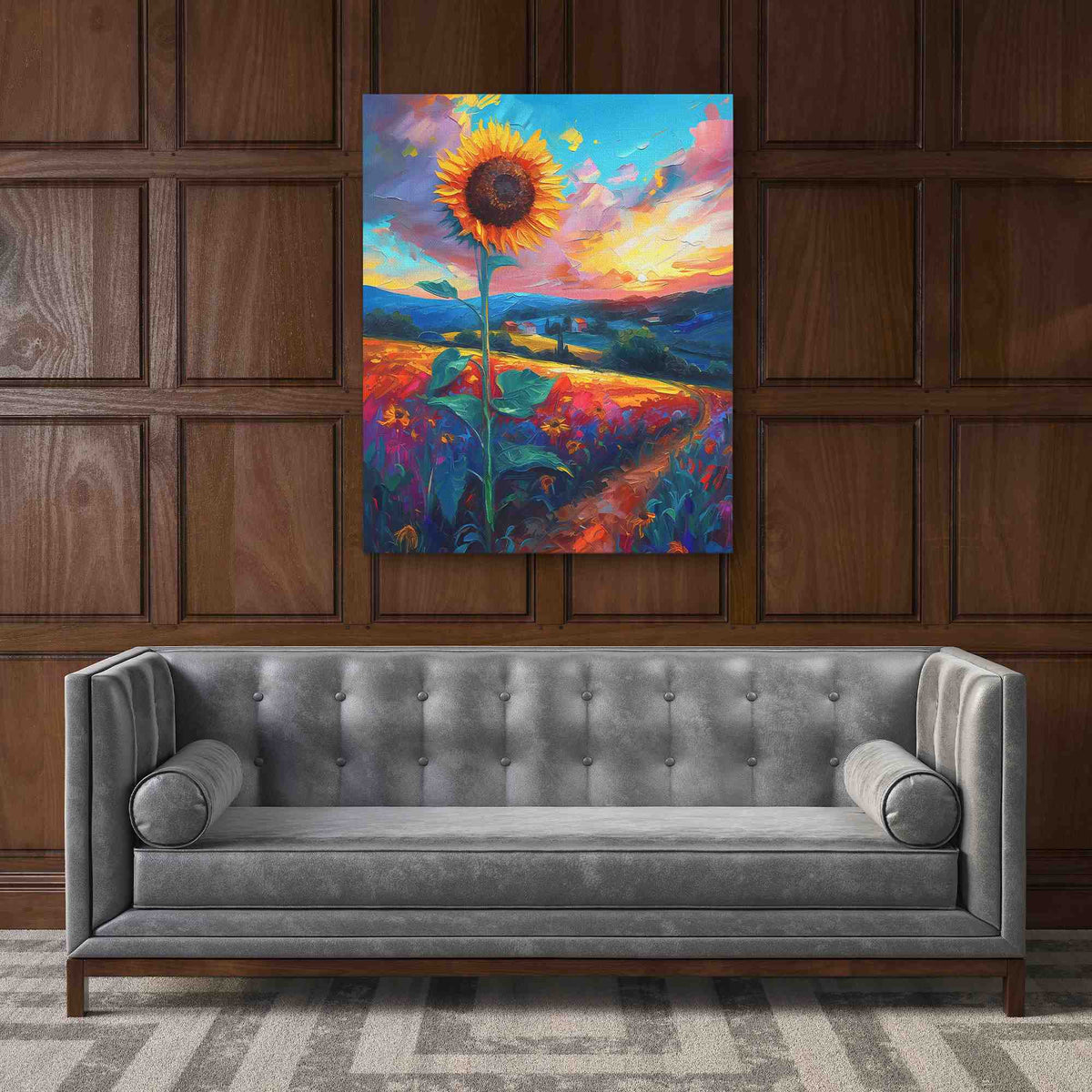 a painting of a sunflower in a living room