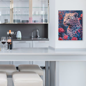 a painting of a leopard in a kitchen