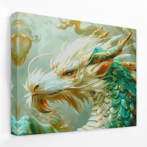 a painting of a white dragon with blue eyes