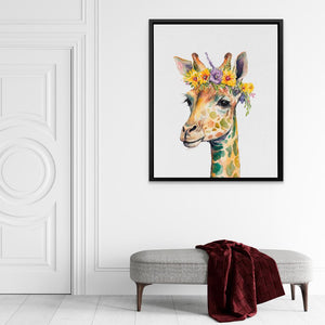 a picture of a giraffe with a flower crown on it's head