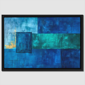 a painting of blue and green squares on a white wall