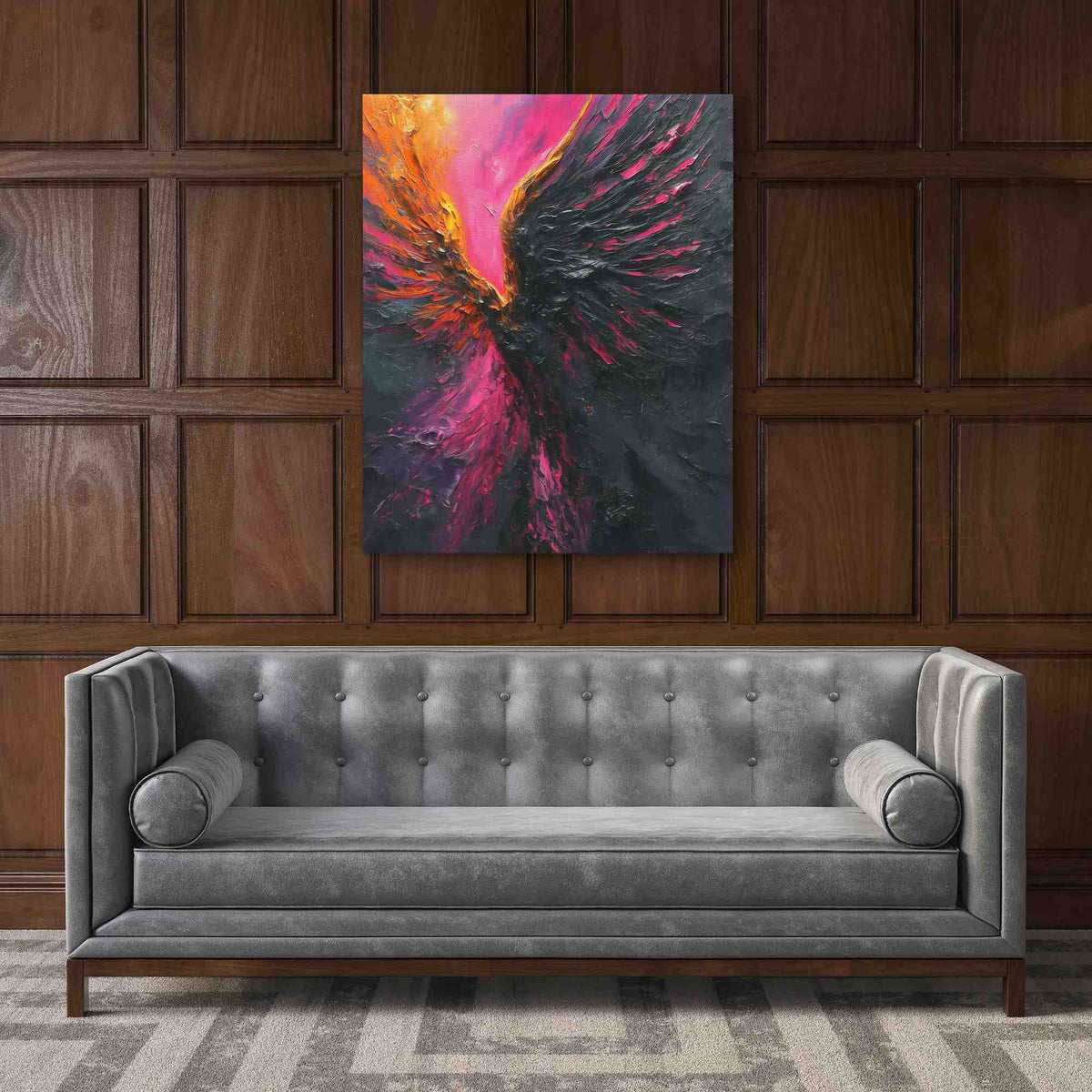 a living room with a couch and a painting on the wall