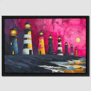 a painting of a group of lighthouses in the ocean