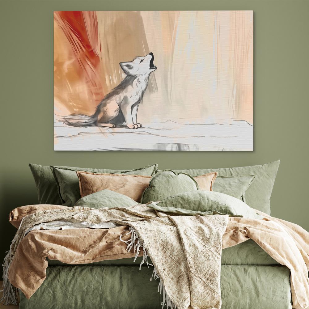 a painting of a white and brown dog with its mouth open