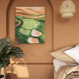 a bedroom with a bed and a painting on the wall