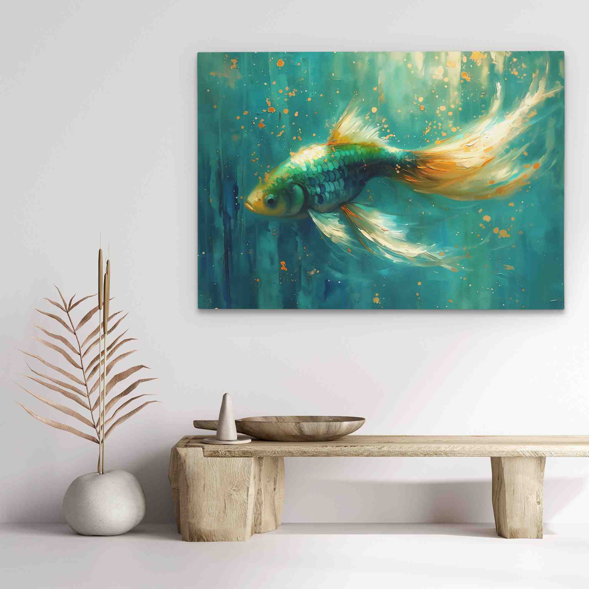 a painting of a goldfish swimming in a pond