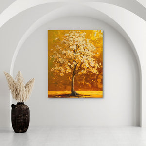 a painting of a yellow tree in a white room