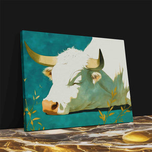 a painting of a bull with horns on a table