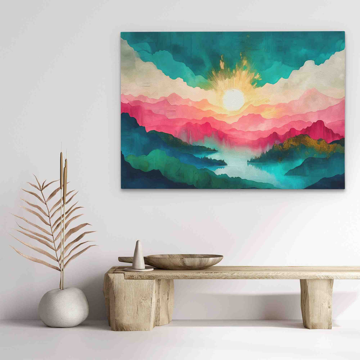 a painting hanging on a wall above a table