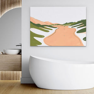 a bathroom with a bathtub and a painting on the wall